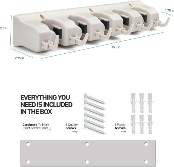 HOME IT Mop And Broom Holder - Garage Storage Systems with 5 Slots, 6 Hooks, 7.5lbs Capacity Per Slot - Garden Tool Organizer For 11 Tools - For Home, Kitchen, Closet, Laundry Room - Off-White